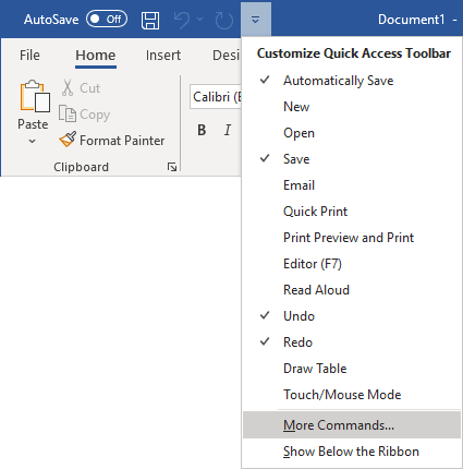 Adding commands to the Quick Access Toolbar - Microsoft Word 365