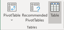 Insert table button in Excel 365