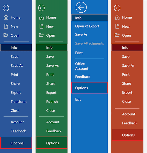 Microsoft Office application 365 Options