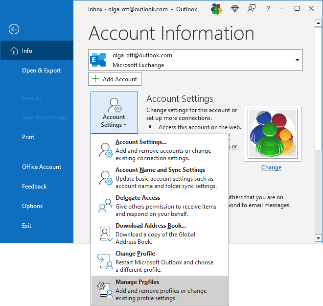 Manage Profiles in Account Information pane Outlook 365