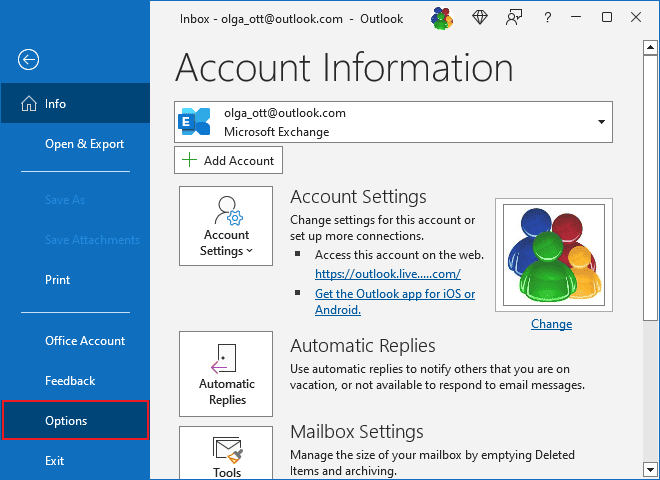 Options in Outlook 365