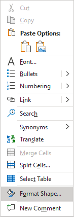 Format Shape in table popup menu PowerPoint 365