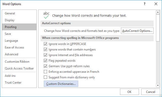 find custom dictionary in word