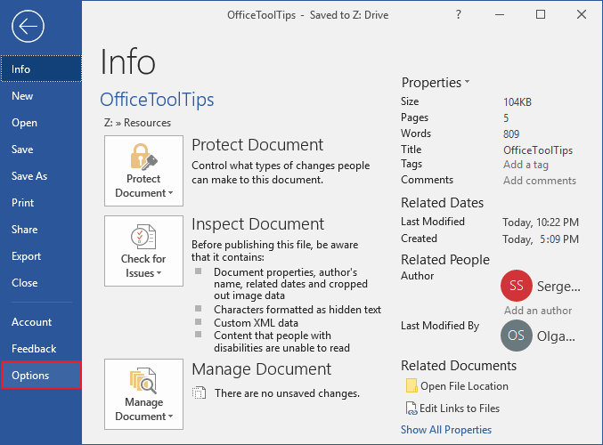 Word 2016 options