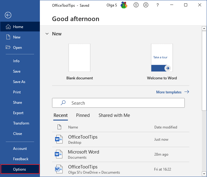 Options in Word 365