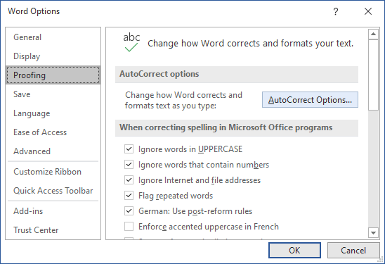 how to turn on autocorrect in word 2017