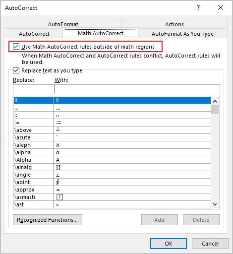 microsoft word math autocorrect symbols list