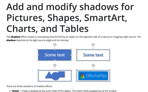 Add and modify shadows for Pictures, Shapes, SmartArt, Charts, and Tables in Powerpoint